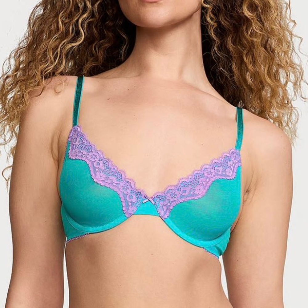 Victoria’s Secret Tease Lace-Trim Unlined Demi Bra In Teal Blue & Purple